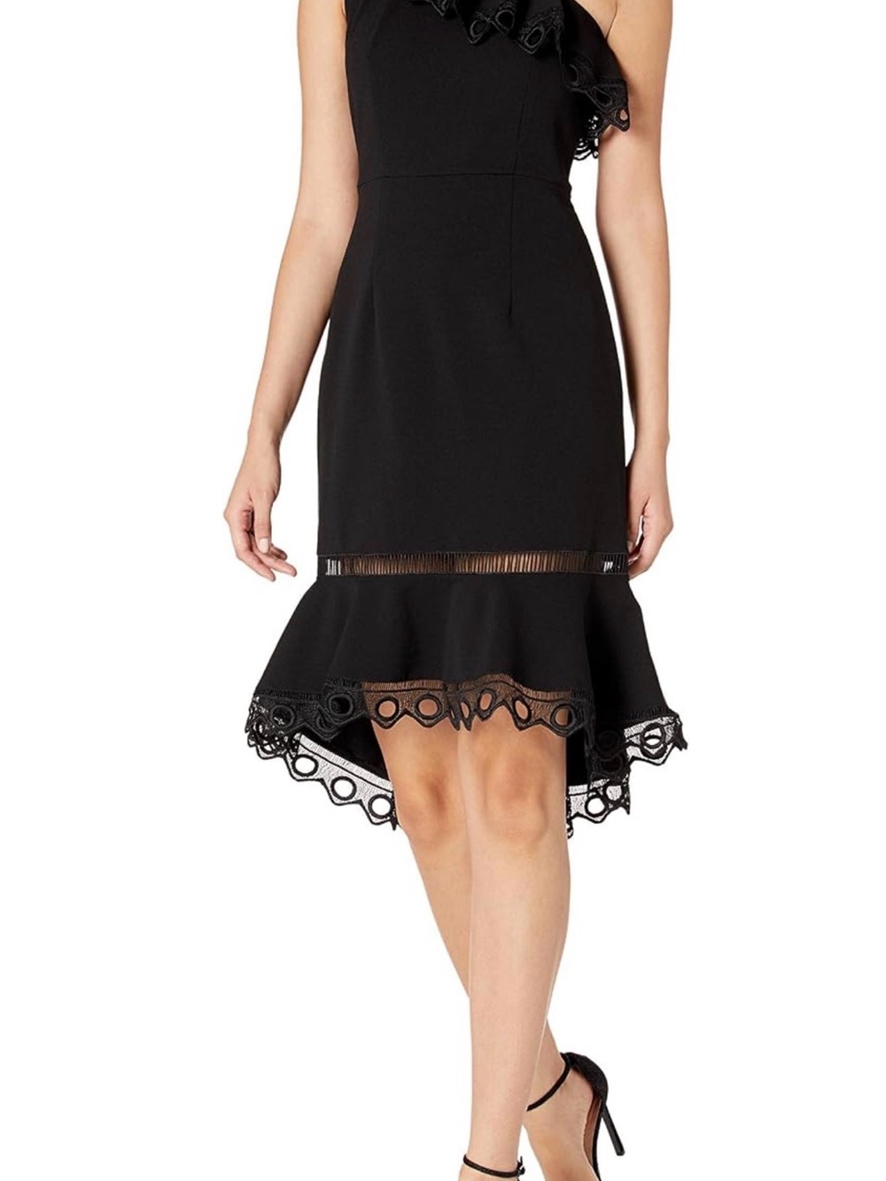 Nanette Lepore Black High-Low Ruffle Hem Lace-Trim Skirt